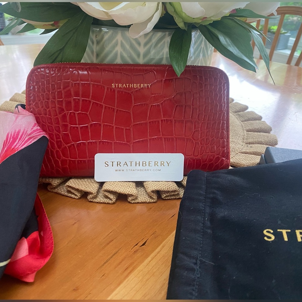 Strathberry Red Croc Embossed Wallet zip around box GUC